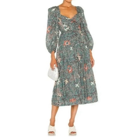 MOON RIVER Tiered Midi Dress Puff Sleeves Lined Bohemian Floral Print Size M - Picture 3 of 15